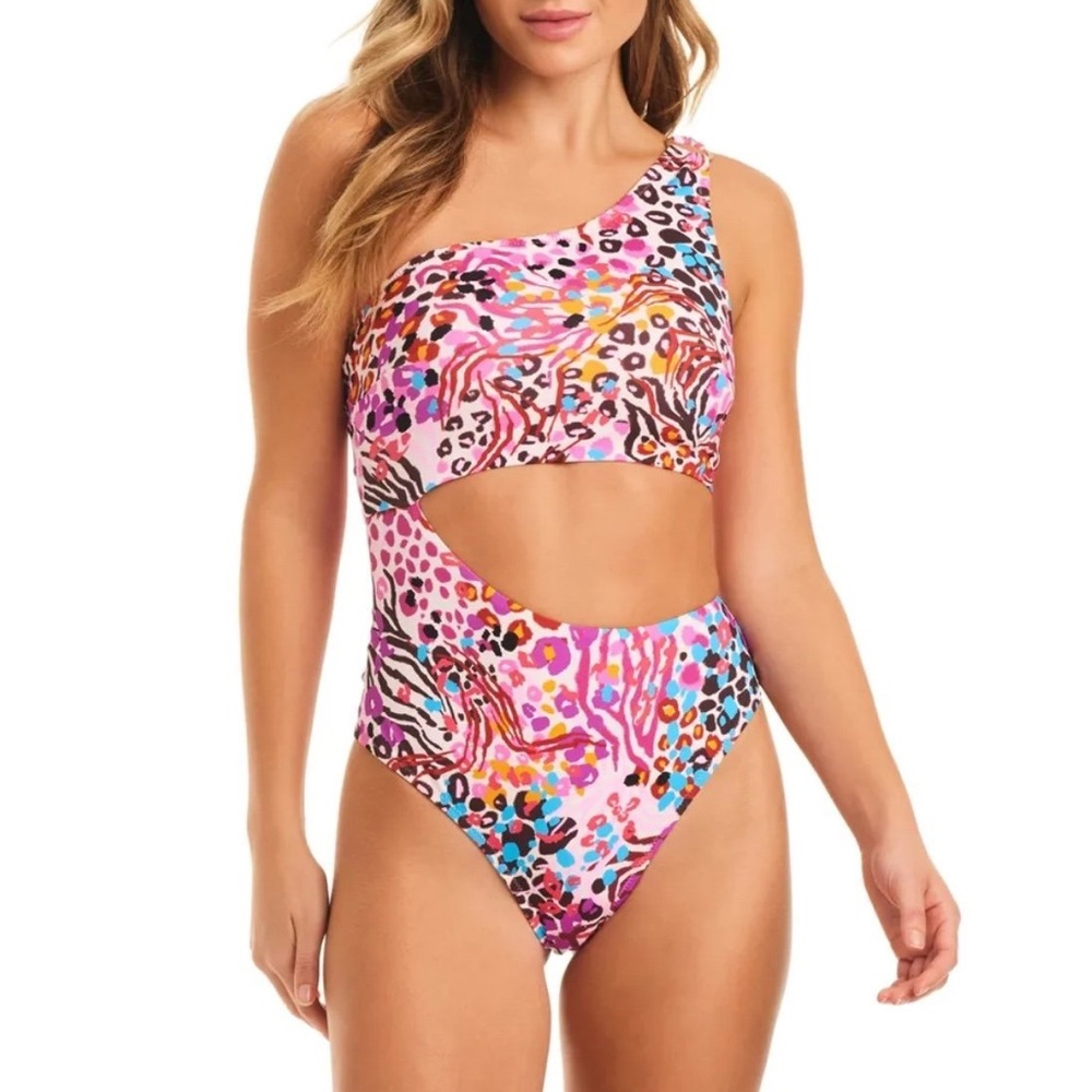 Jessica Simpson Women's Abstract-Print One-Shoulder Swimsuit Size M